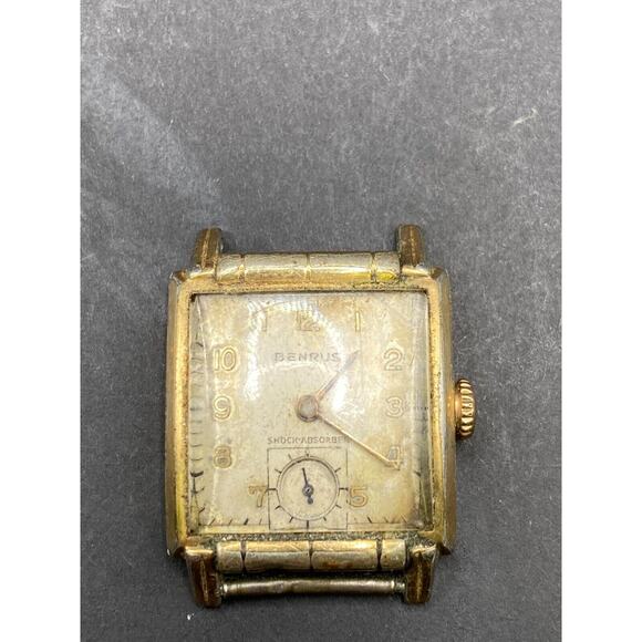 Benrus Vintage 17 Jewel s Square Fancy Tank Style Wristwatch Gold Dial No Band